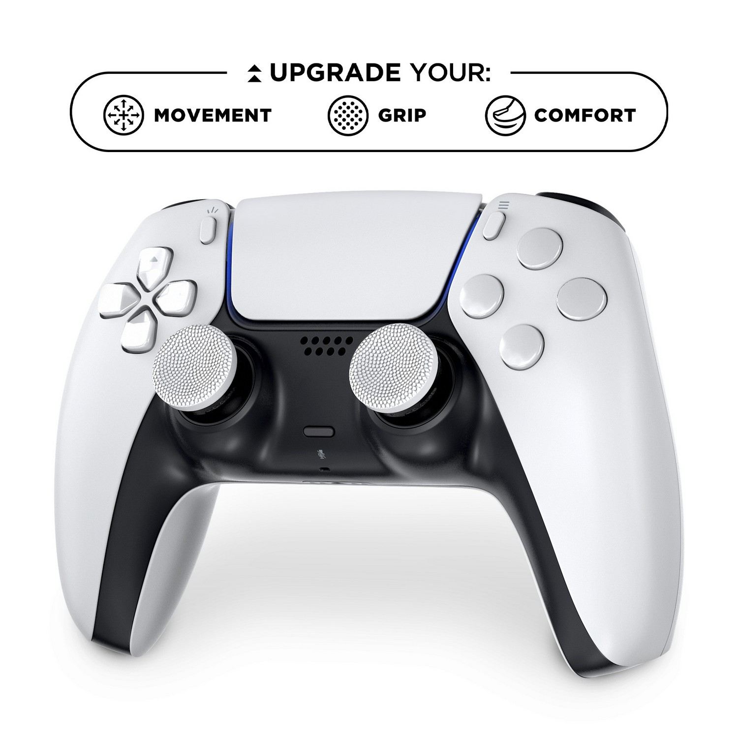 A white and black game controller with buttons labeled for movement, grip and comfort.
