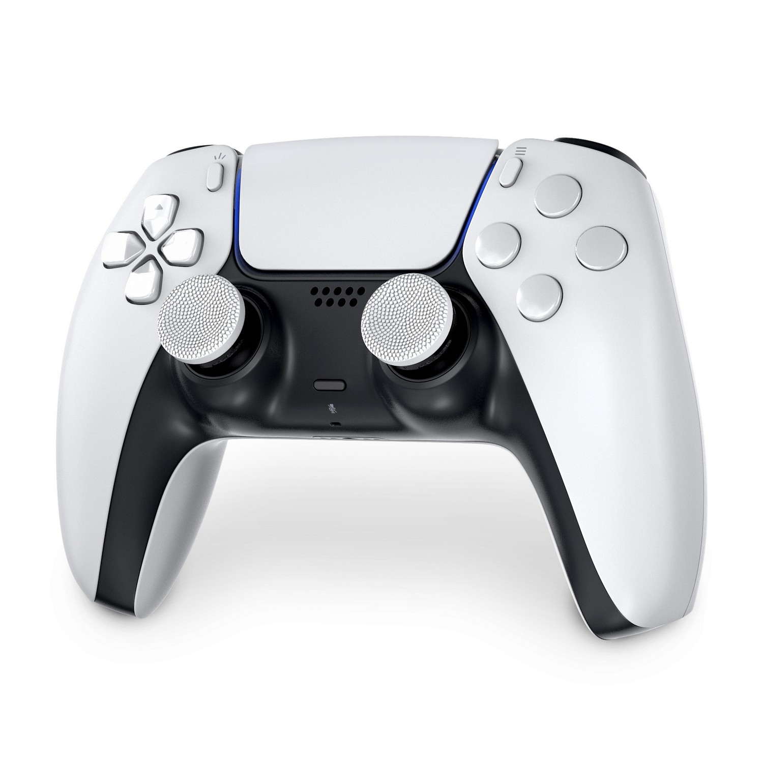White PlayStation 5 controller, black center, white background.