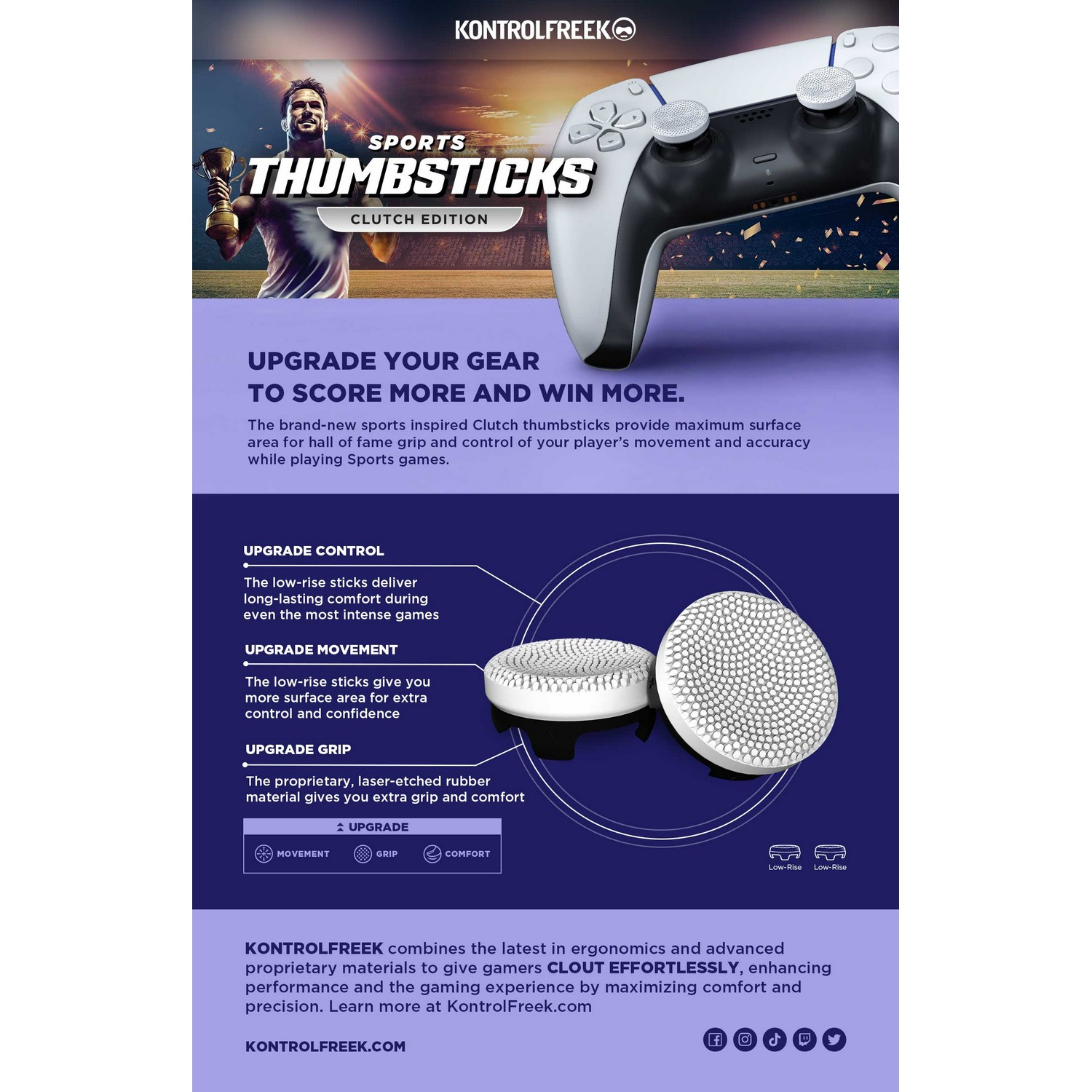 KontrolFreek ad showing a controller with white thumbsticks, text, and a gamer with a trophy.