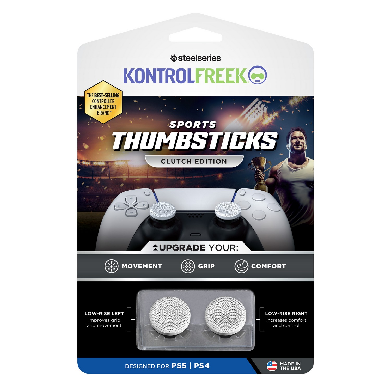 Thumbsticks in a package. Text says 'Sports Thumbsticks Clutch Edition', designed for PS5 and PS4.