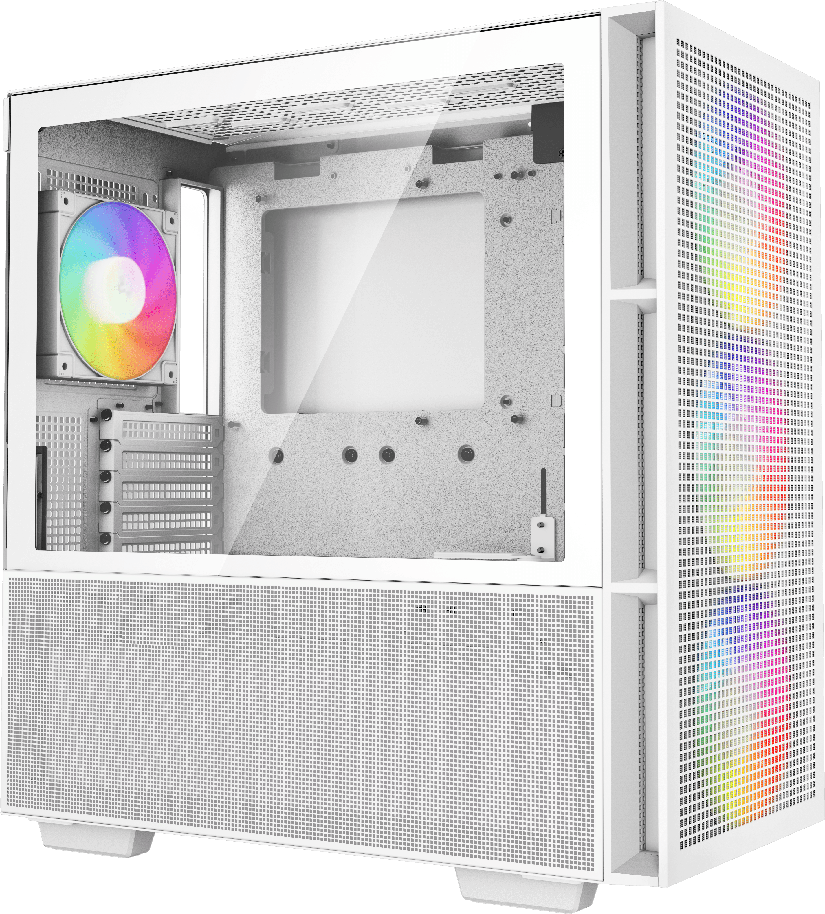 Számítógépház üveg oldallappal, RGB-s ventilátorral és fehér kerettel.