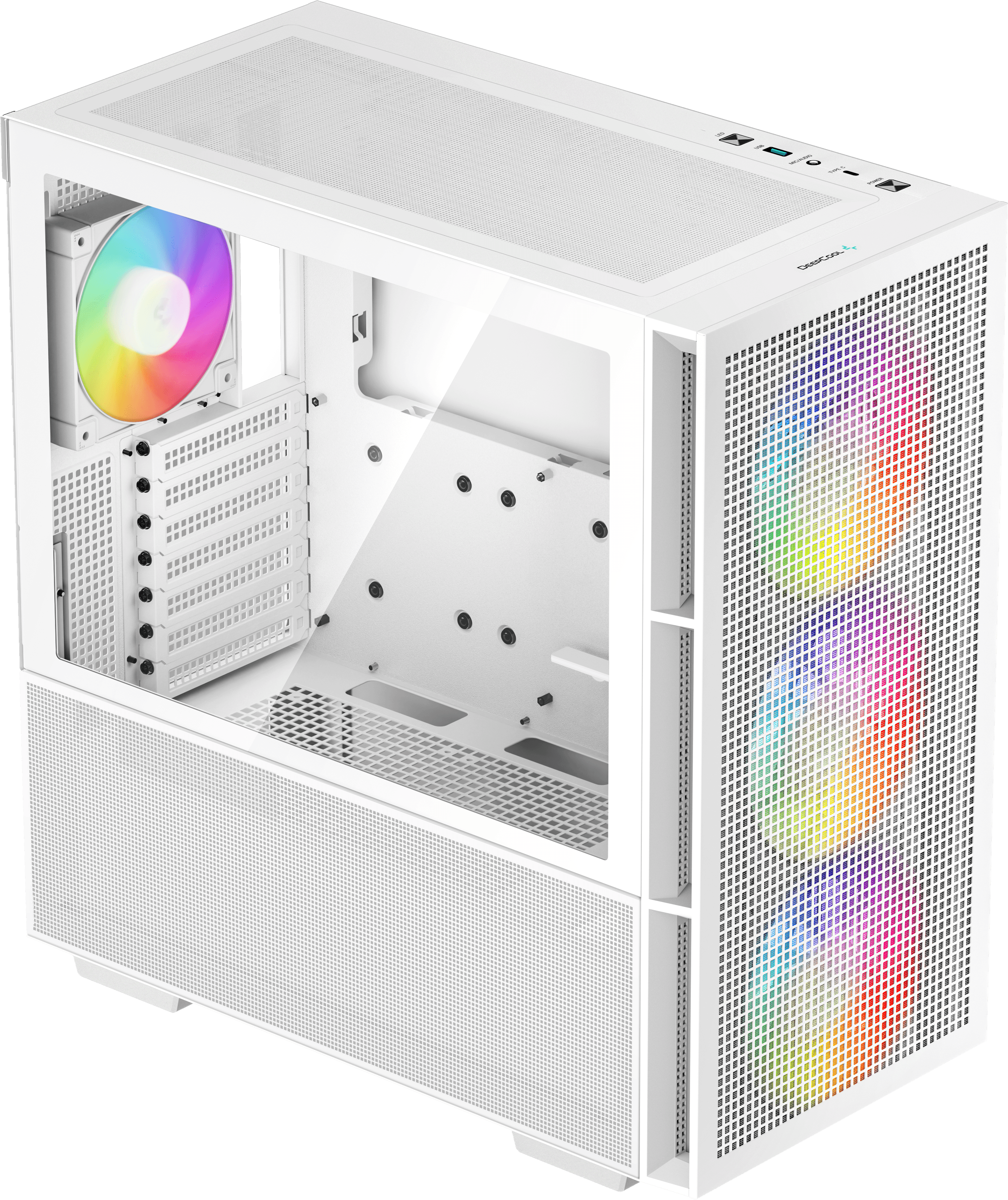Fehér PC ház színes LED ventilátorokkal. A nyitott oldallap belső alkatrészeket mutat, beleértve a CPU hűtőt.
