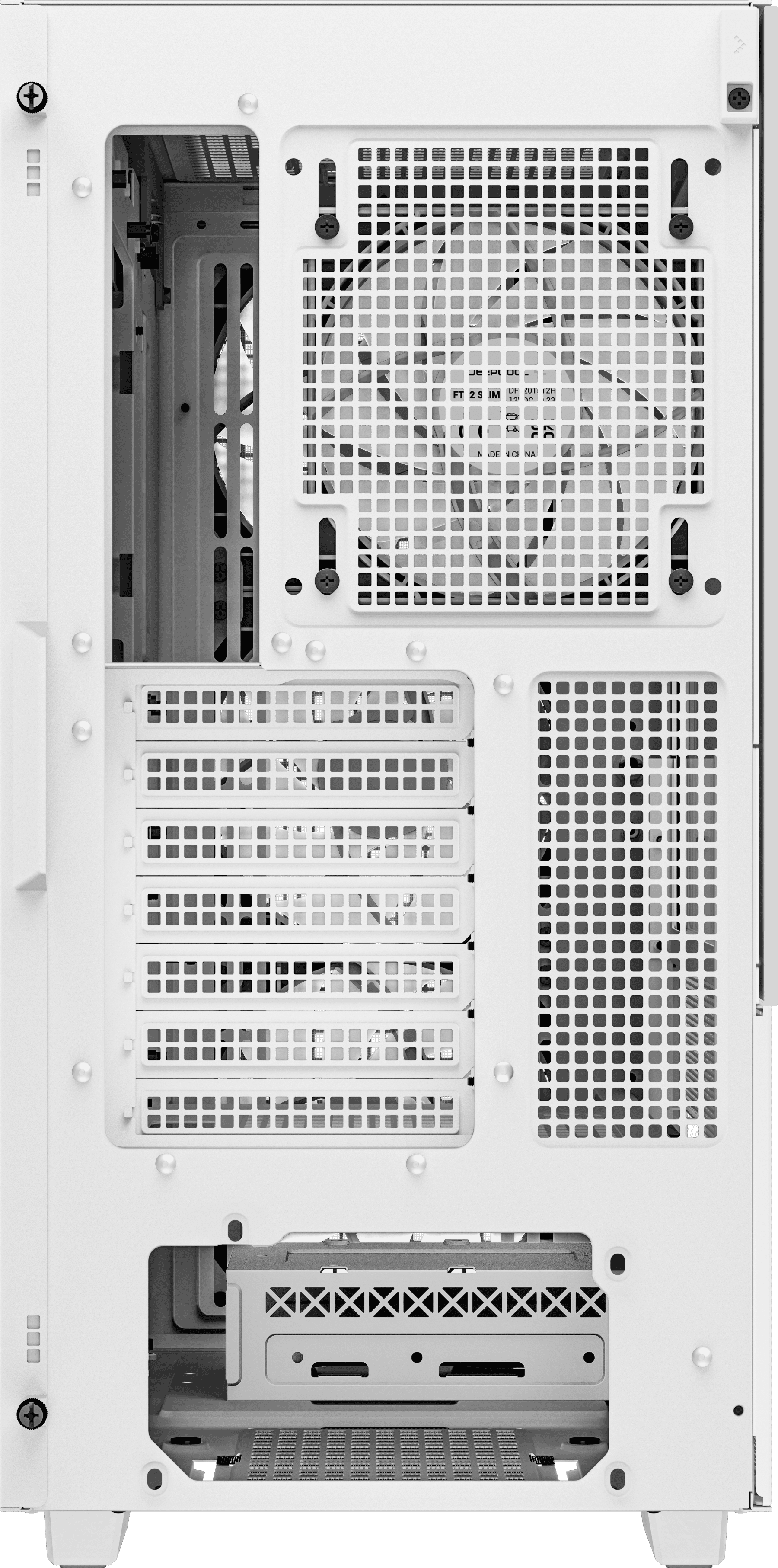 Fehér számítógépház, hátulnézet, ventilátorral és különböző nyílásokkal.