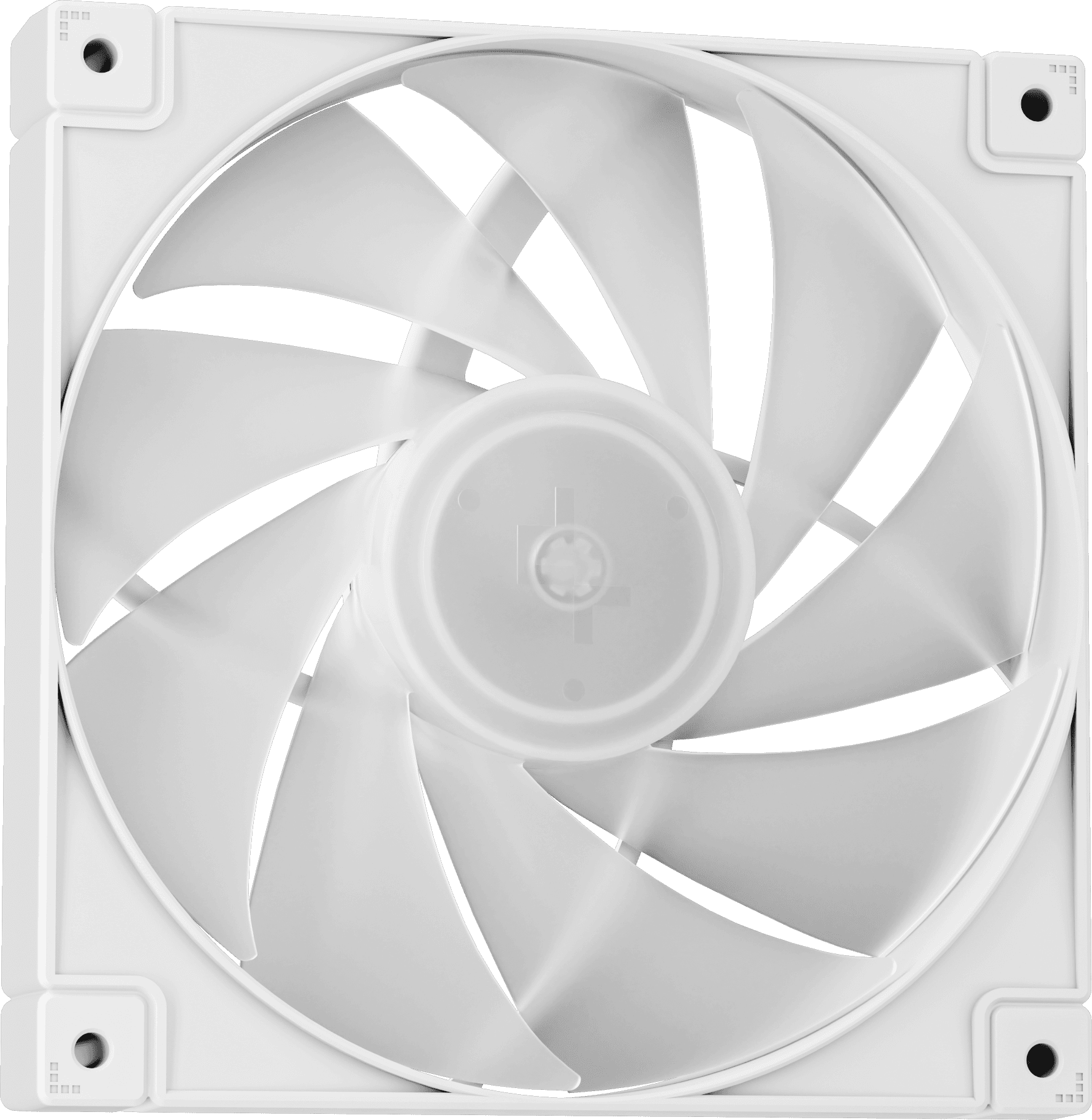 Fehér számítógép ventilátor, ívelt lapátokkal, a középpont fekete.