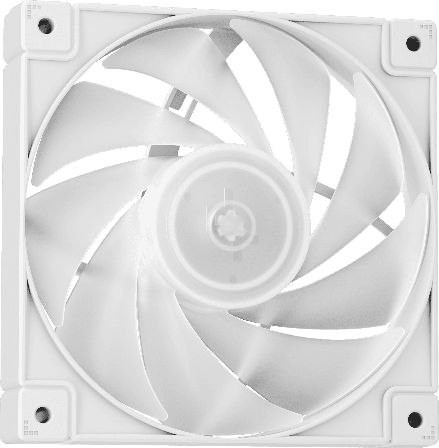 Közelkép egy fehér ventilátorról, hét pengével. A ventilátor egy négyzet alakú keretben van.