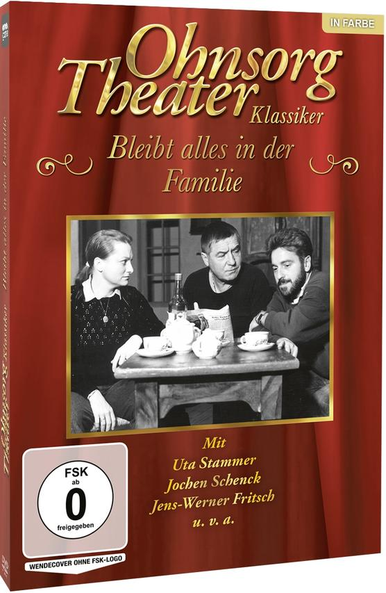 DVD-Cover eines deutschen Theaterstücks. Drei Personen sitzen an einem Tisch in rotem Rahmen.