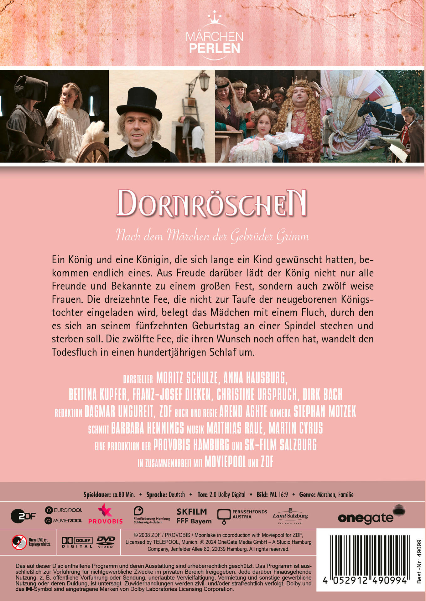 DVD-Cover von Dornröschen. Enthält Illustrationen einer Märchenszene und Text auf Deutsch.