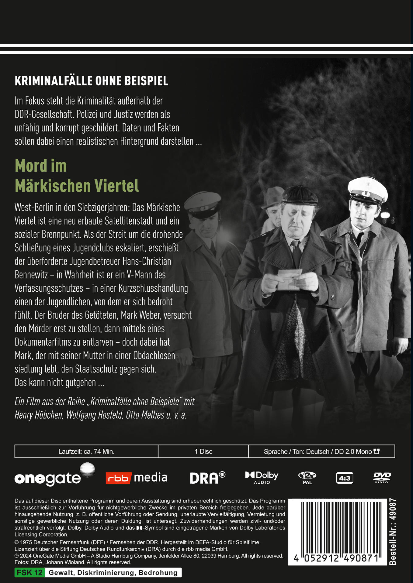 DVD-Cover mit Schauspielern in Mänteln. Text: "Kriminalfall ohne Beispiel". Dunkler, städtischer Hintergrund.