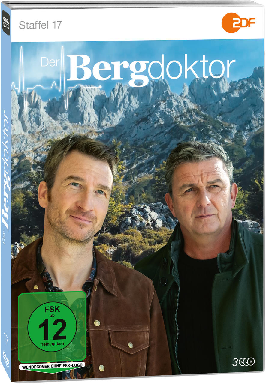 Eine DVD-Hülle der deutschen Fernsehserie 'Der Bergdoktor', mit zwei Männern vor einem Berg.