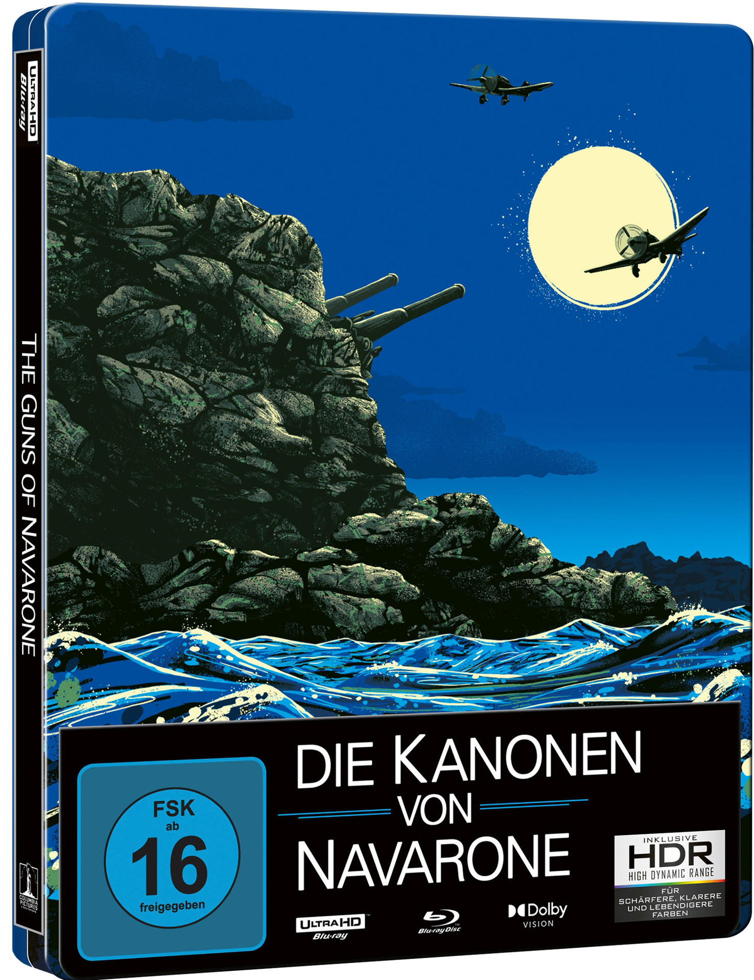 Blu-ray-Disc-Hülle von 'The Guns of Navarone'. Mit Filmtitel und zwei Flugzeugen.