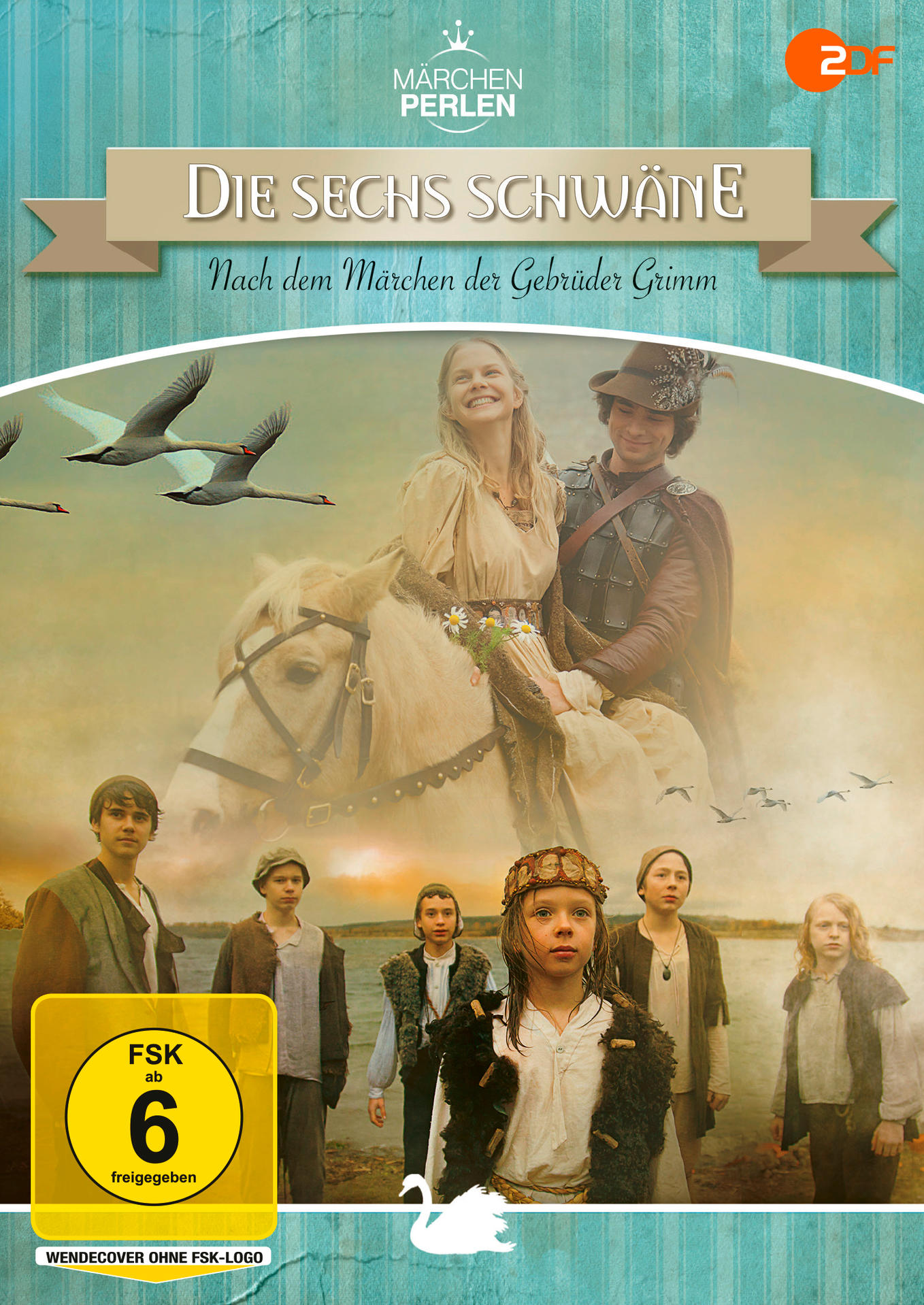 Filmcover mit Kindern und Schwänen. Titel: Die sechs Schwäne. FSK 6 Logo unten links.