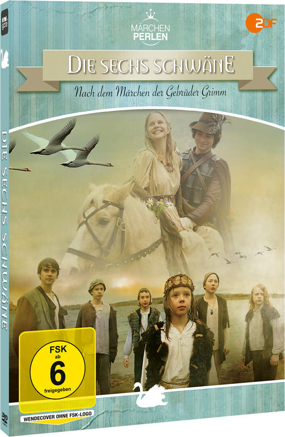 DVD-Cover von 'Die sechs Schwäne' mit Personen, Schwänen und einem goldenen Badge.