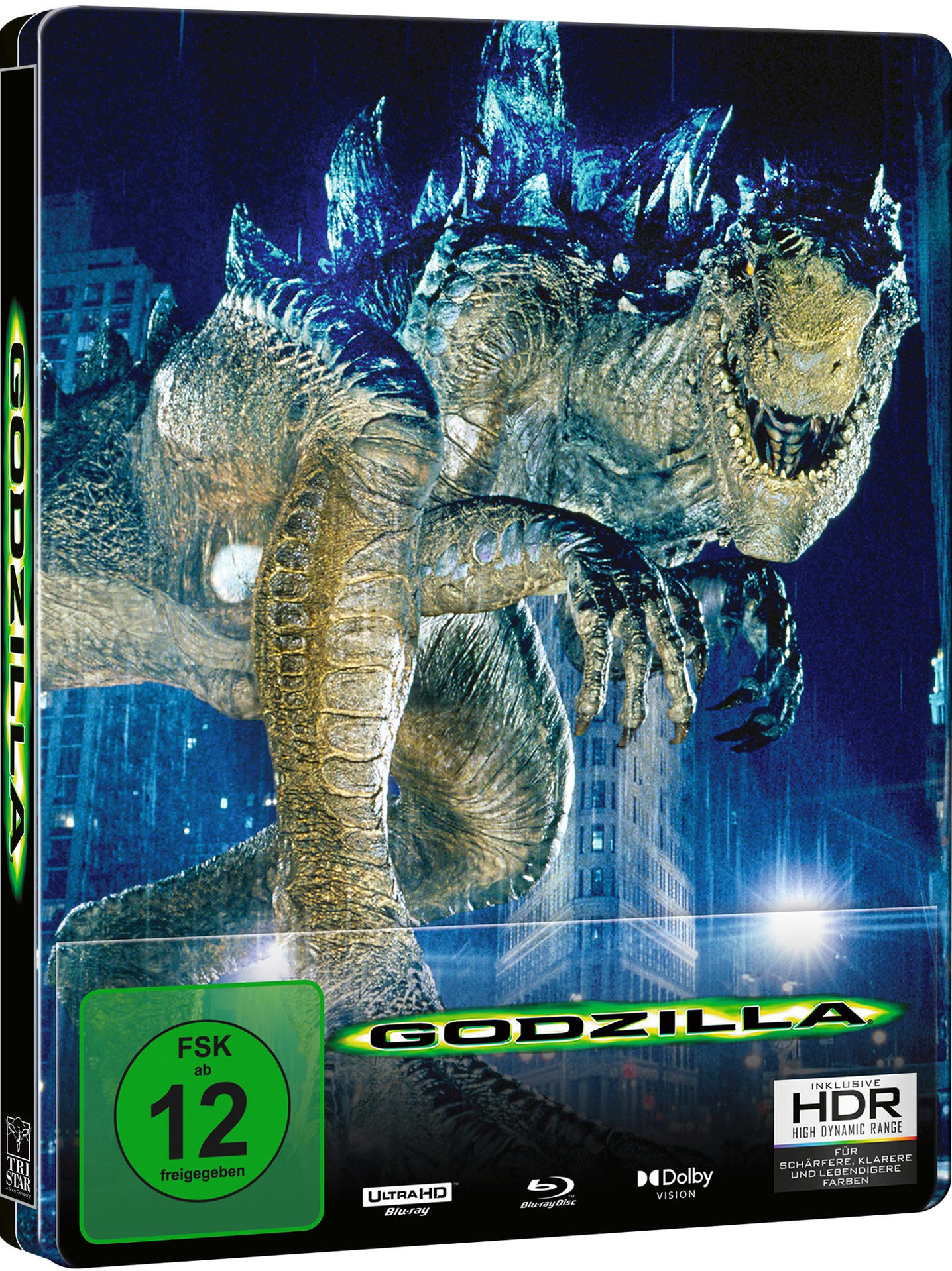 Godzilla-Filmcover. Godzilla ist ein großes, graues Monster. Gebäude im Hintergrund.
