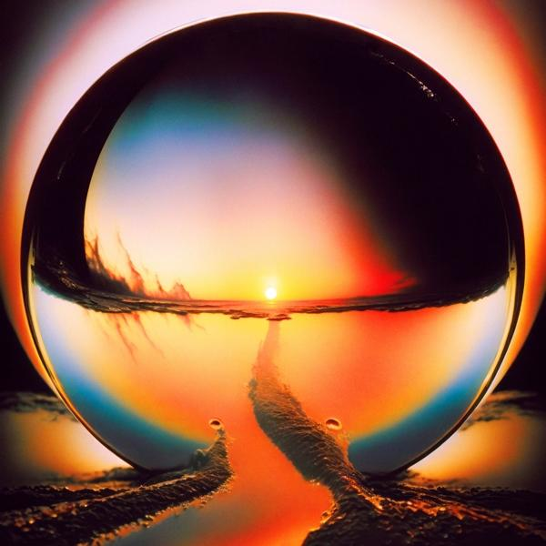 Eine Glaskugel mit einer Sonnenuntergangsszene darin. Die Szene zeigt einen Weg, der den Sonnenuntergang reflektiert.