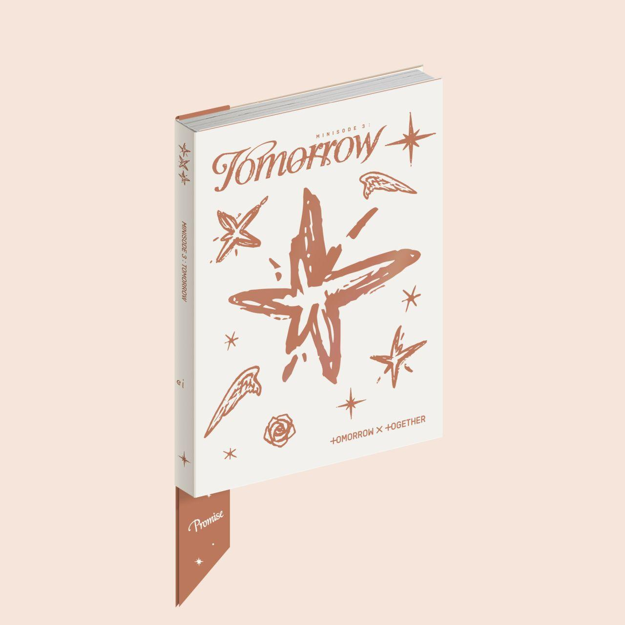 Boek 'Tomorrow' met bladwijzer. Bruine afbeelding op de kaft. Lichtroze achtergrond.
