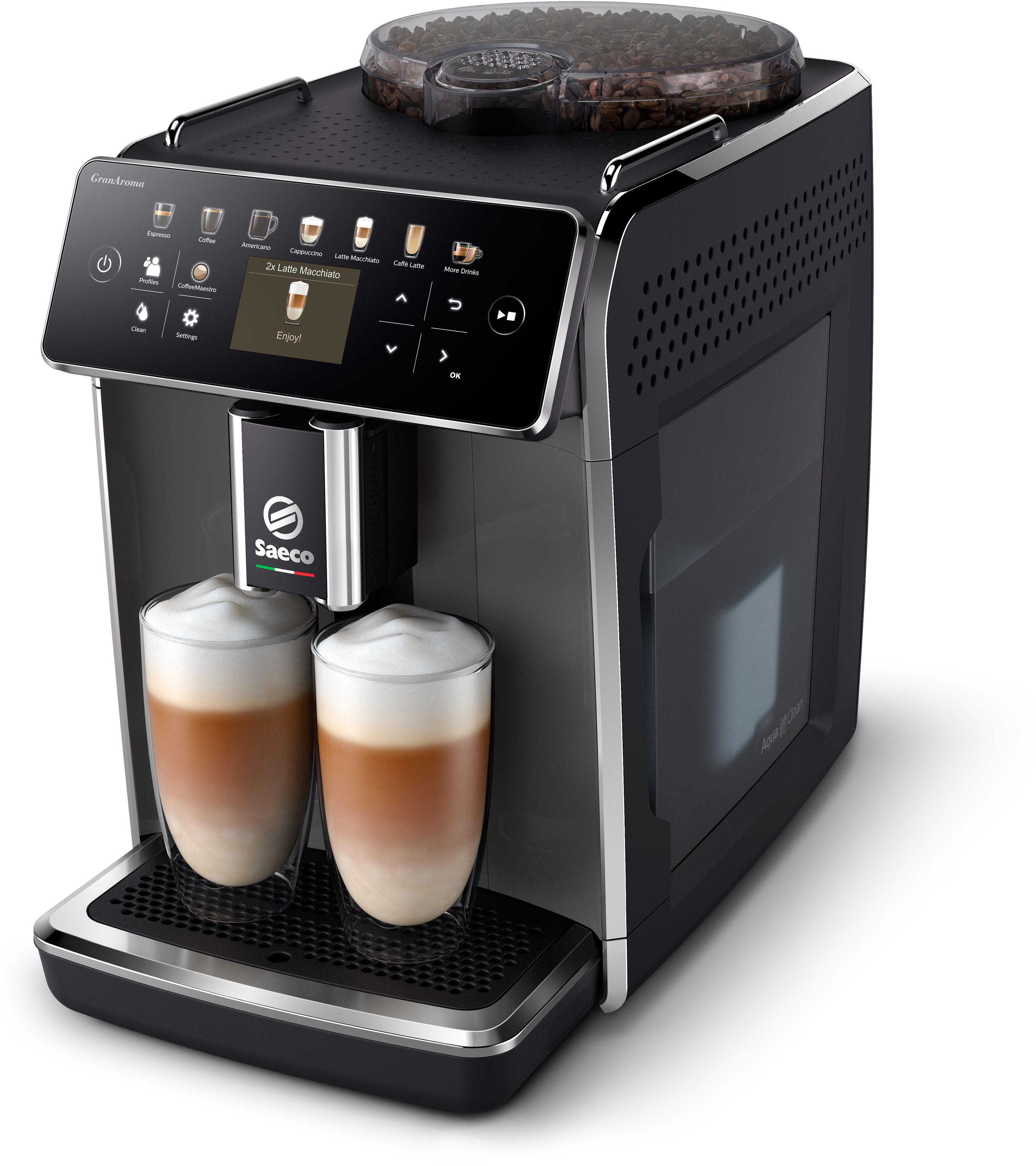 Eine Kaffeemaschine mit zwei Gläsern Latte Macchiato.