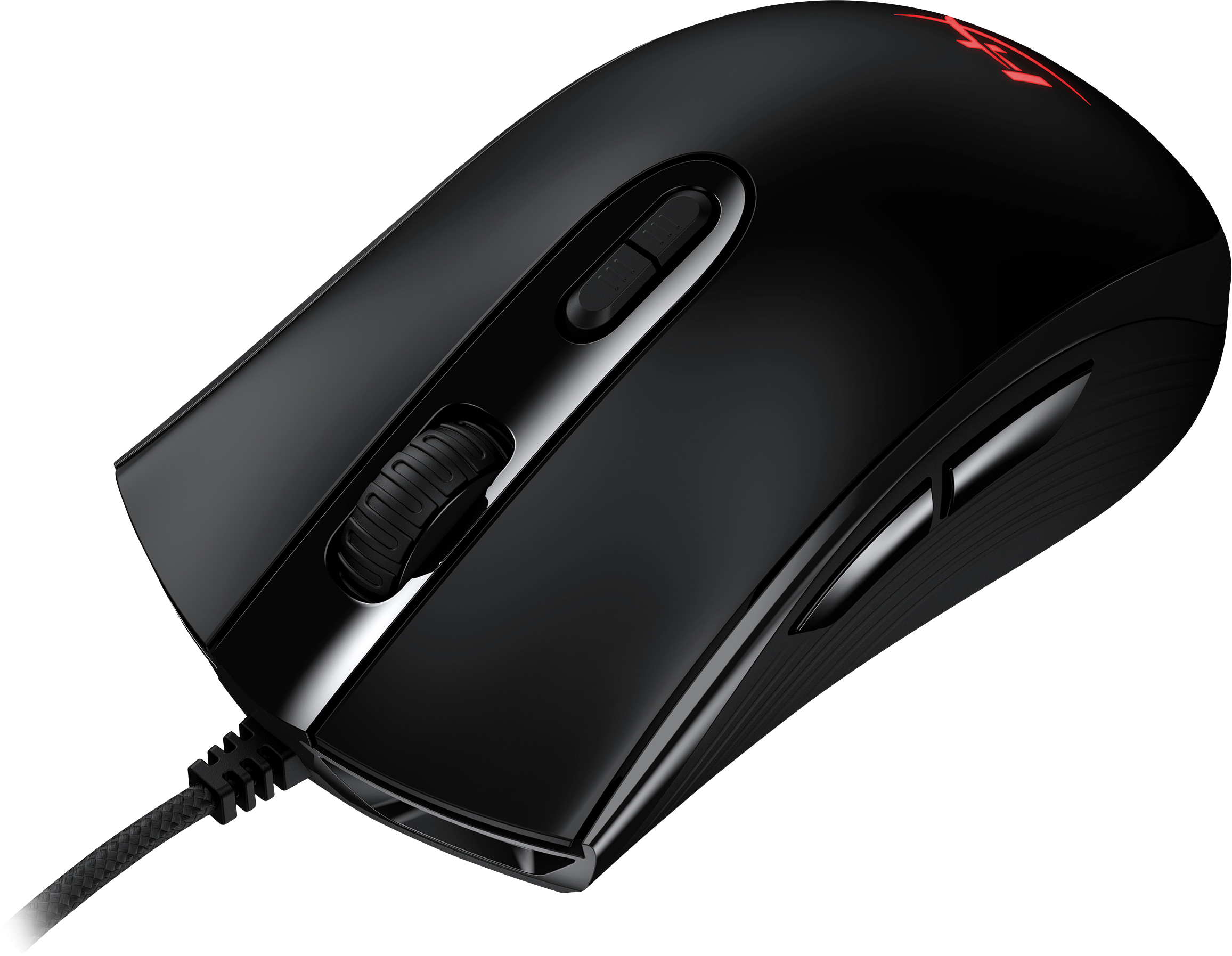 Eine schwarze Computermaus mit rotem Logo und Kabel.