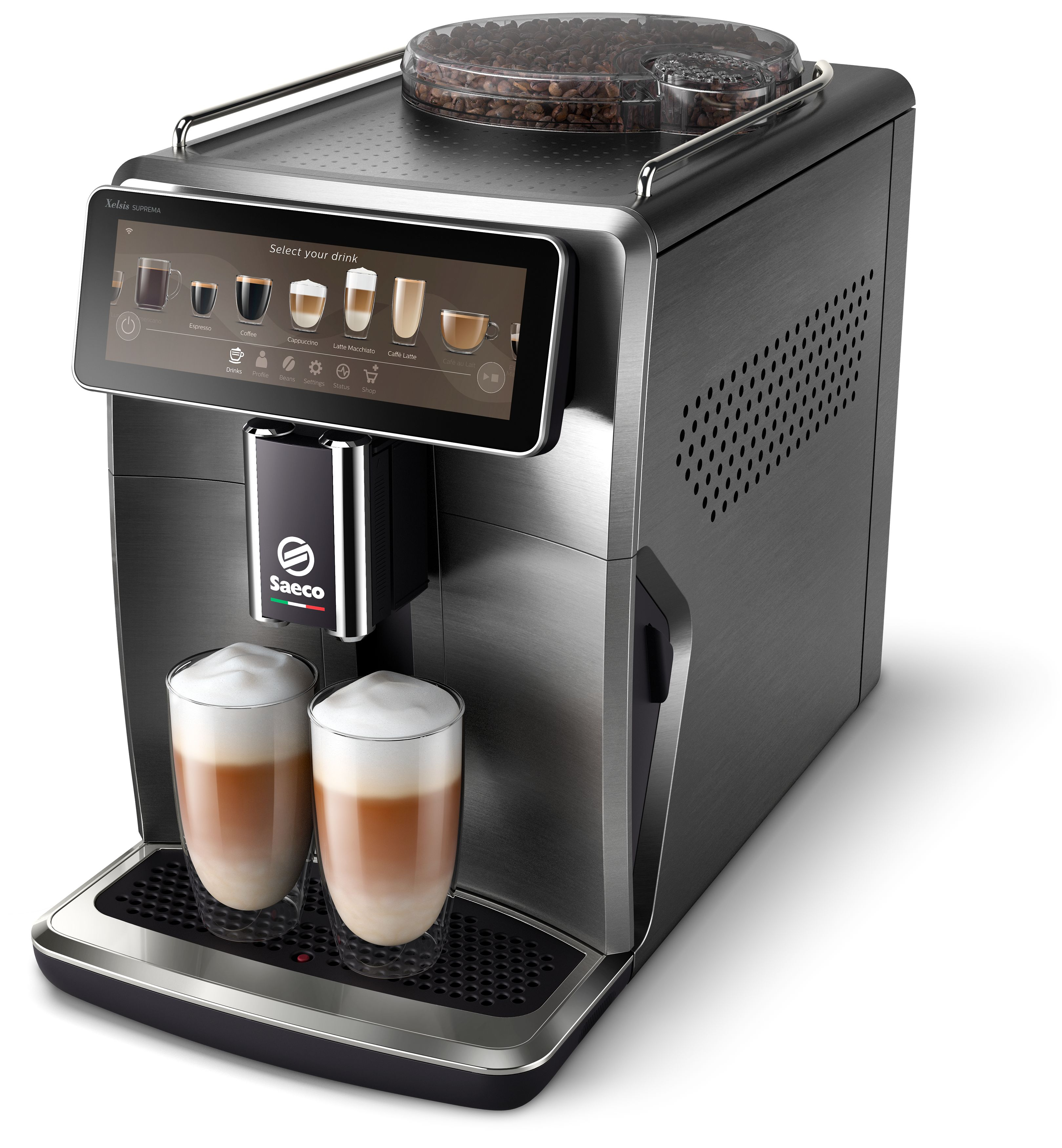 Eine silberne Saeco Kaffeemaschine mit Touchscreen. Auf dem Tablett stehen zwei Gläser Latte Macchiato.