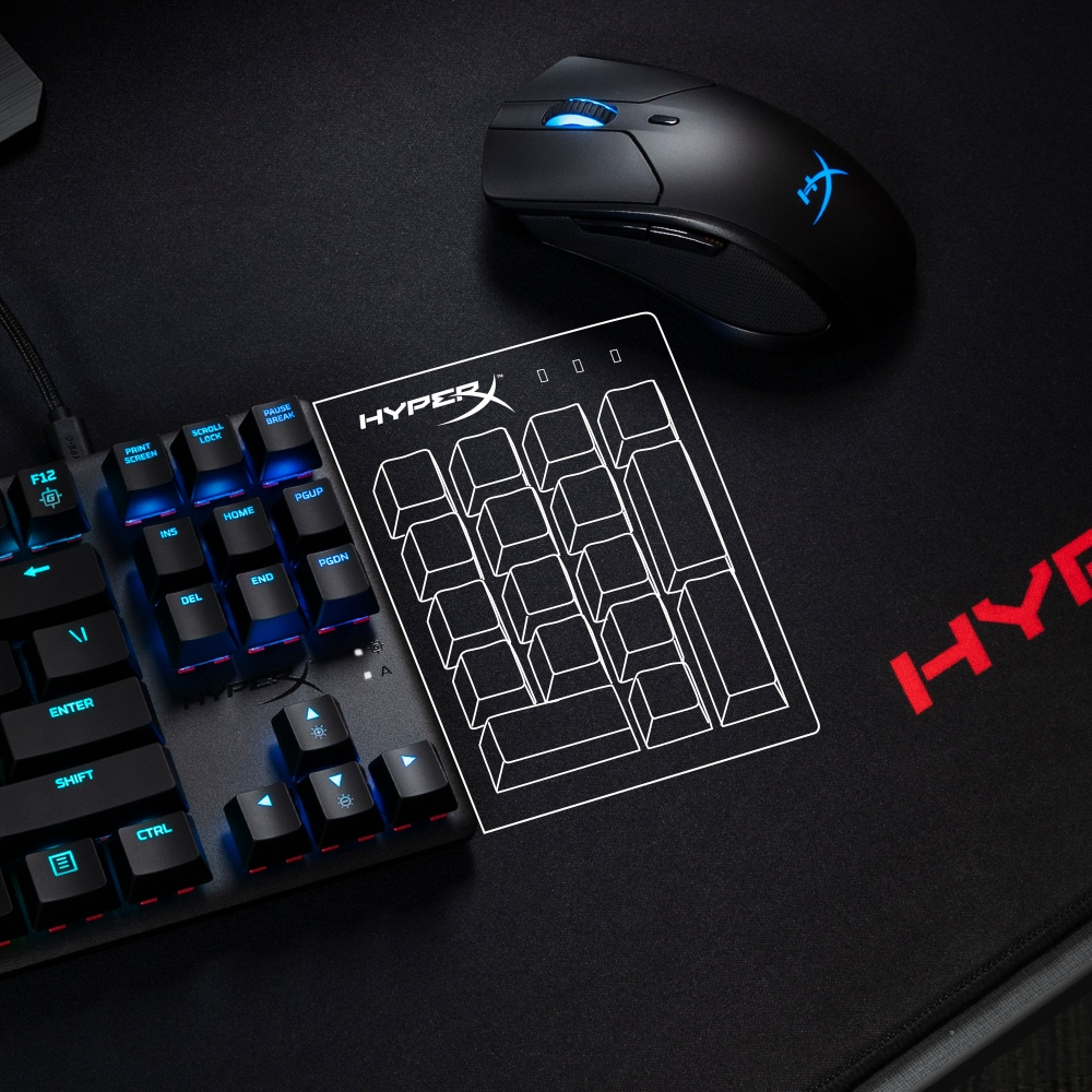 Gaming-Setup: Tastatur, Maus, Mauspad und Nummernblock. Tastaturen haben blaue Beleuchtung.