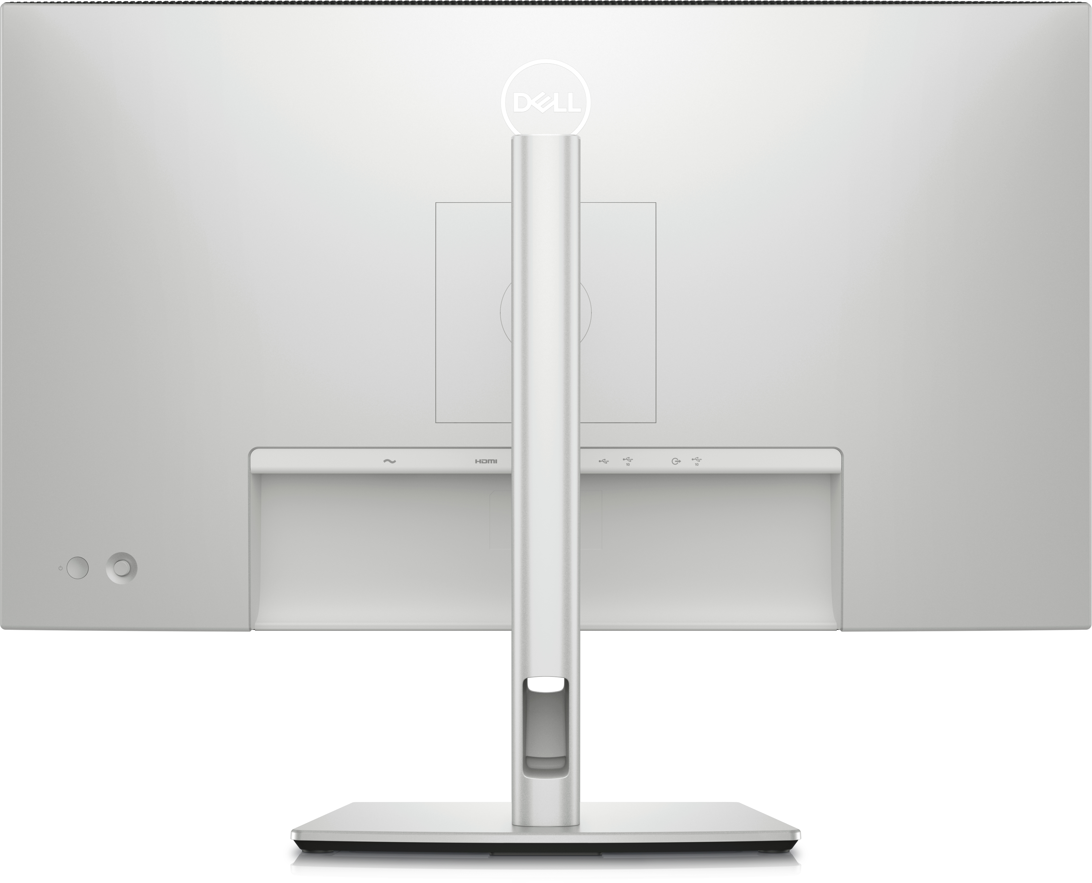 Rückseite eines silbernen Dell-Monitors mit sichtbaren Knöpfen und Anschlüssen.