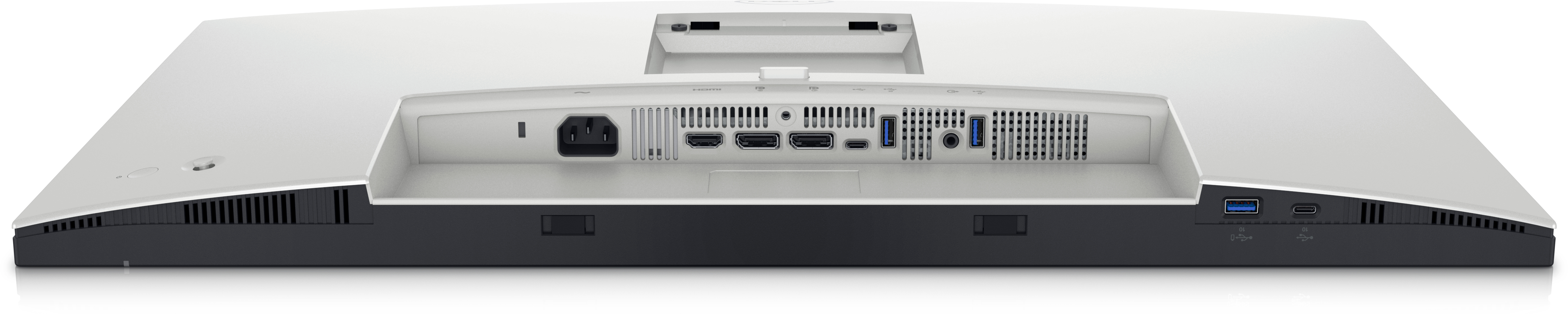 Rückseite eines weißen Monitors mit Anschlüssen, schwarzes unteres Panel.