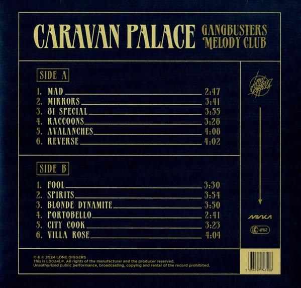 Rückseite eines blauen Albumcovers mit Titelliste und Unterschrift.