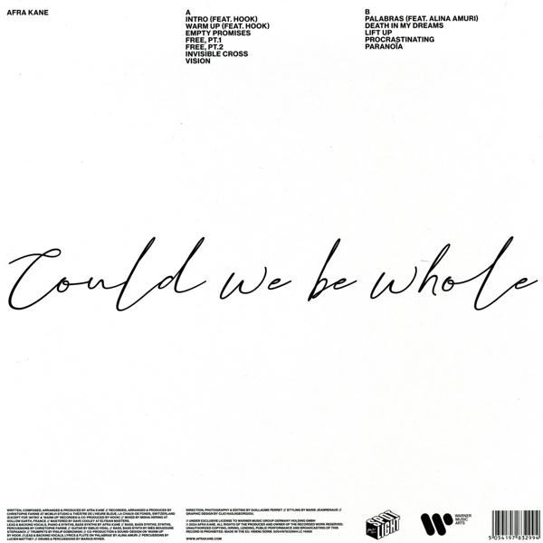 Albumcover mit Text: Could we be whole. Titelliste für zwei Seiten einer Schallplatte.
