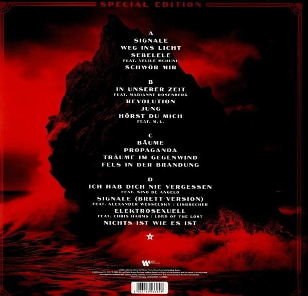 Vinylplatte mit rotem Hintergrund, Titelliste. Schwarze Silhouette einer Felsformation. Text auf dem Cover.