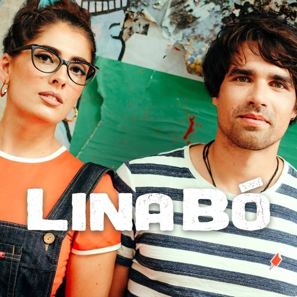 Zwei Personen stehen, eine trägt eine Brille. Titel 'LINABO' in weißen Buchstaben vor ihnen.