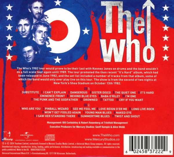 The Who Albumcover mit Bandmitgliedern, Text und einem rot-weiß-blauen Kreismotiv.