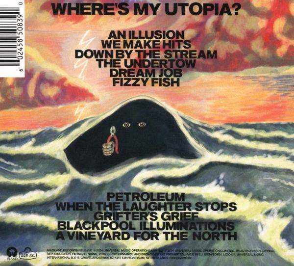 Albumcover mit einer meerartigen Illustration mit einer Figur darin. Verschiedene Textelemente sind zu sehen.