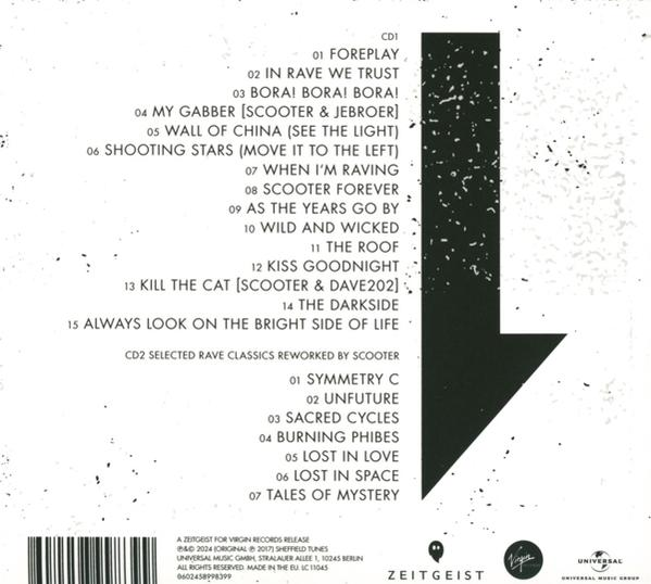 CD-Cover mit Tracklist und einem großen Pfeil, mit dem Text "Scooter".