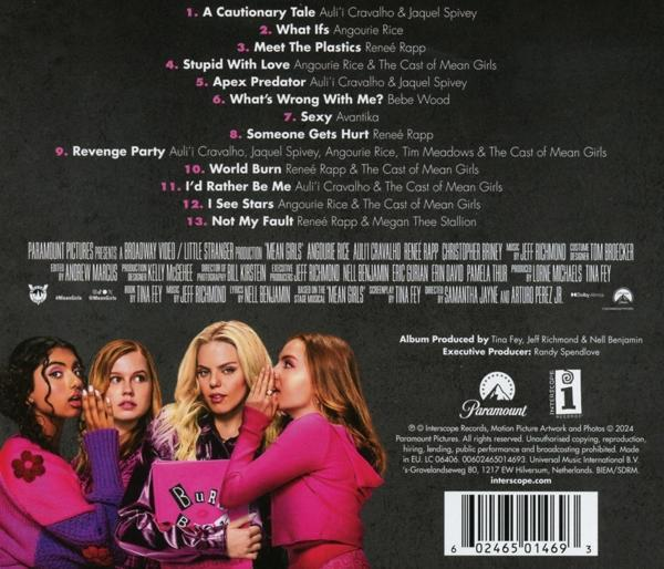 Album-Rückseite mit Titelliste und Bildern von flüsternden Frauen, mit dem Titel 'Mean Girls'.