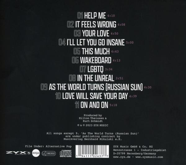 Rückseite einer CD-Hülle mit Titelliste. Titel sind in weißer Schrift.