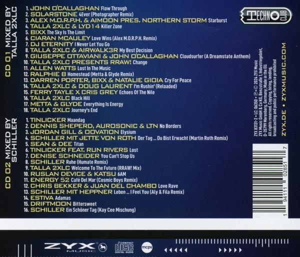 CD-Cover mit Tracklisten von zwei CDs. Text, Barcodes und Logos auf dunklem Hintergrund.