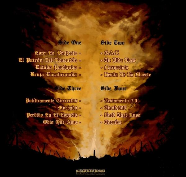 Albumcover mit Flammen und Text auf Spanisch. Text in Rot und Gelb.