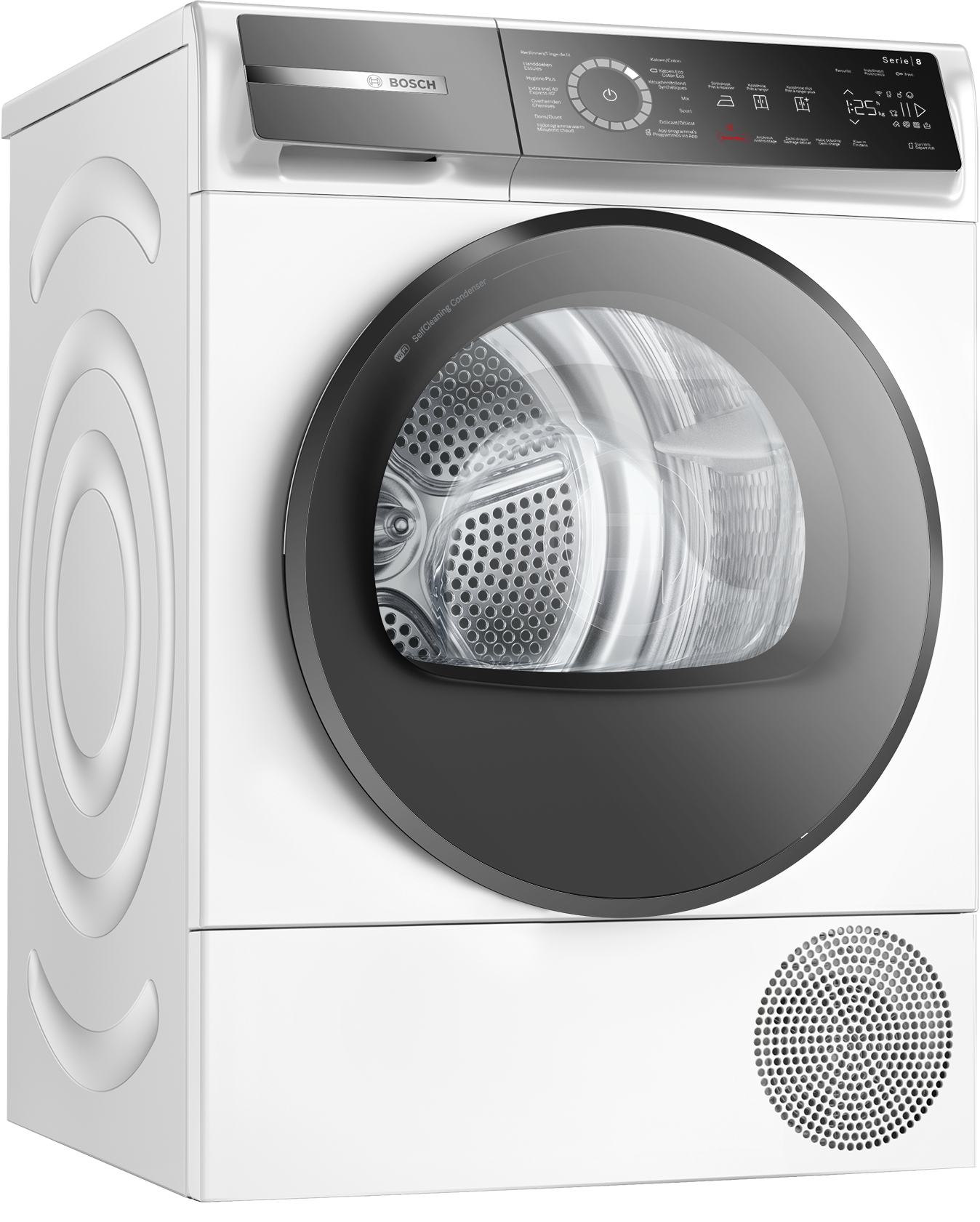 Lave-linge Bosch blanc, vue de face. Comprend une porte noire ronde, un affichage numérique.