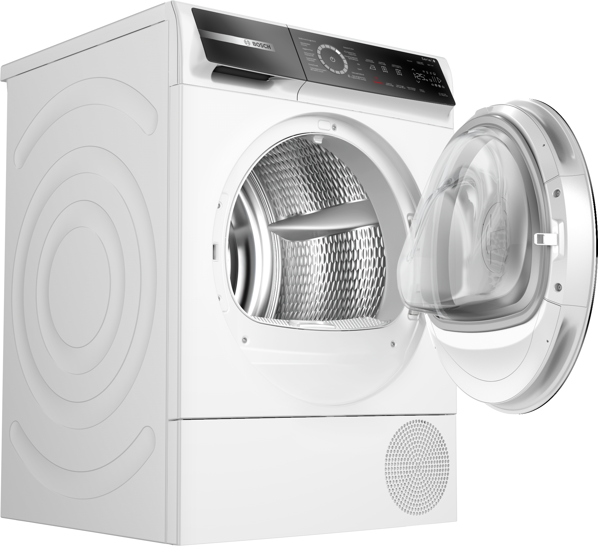 Sèche-linge Bosch blanc avec porte ouverte, montrant le tambour intérieur. Le panneau de contrôle est visible en haut.
