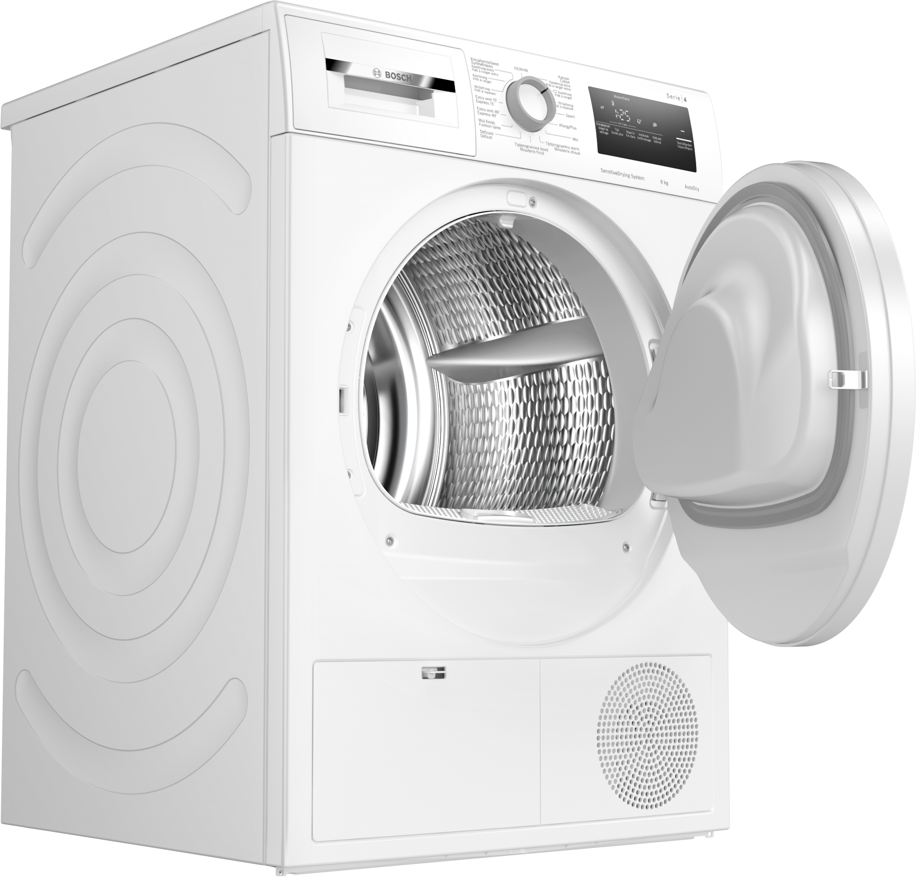 Sèche-linge Bosch blanc avec porte ouverte. L'intérieur est argenté et la porte est à droite.