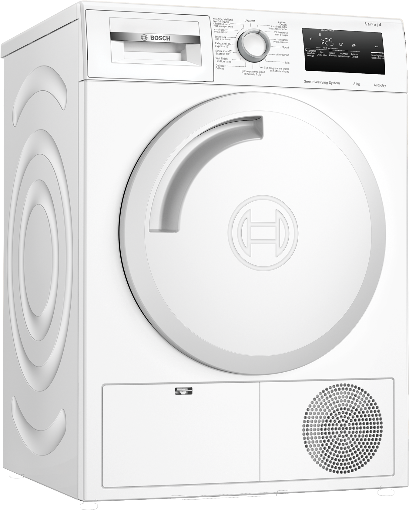 Lave-linge Bosch blanc. Vue de face inclinée, montrant la porte et les commandes.