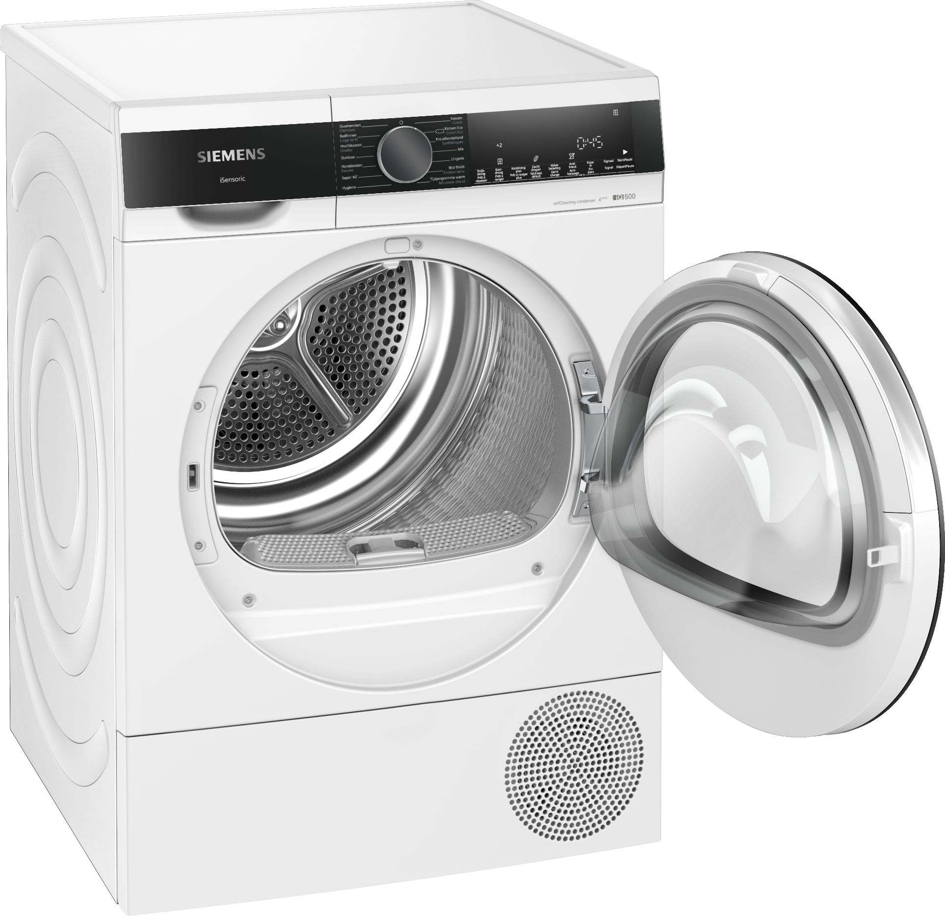 White Siemens dryer with open door revealing the drum. Control panel is visible above the door.
