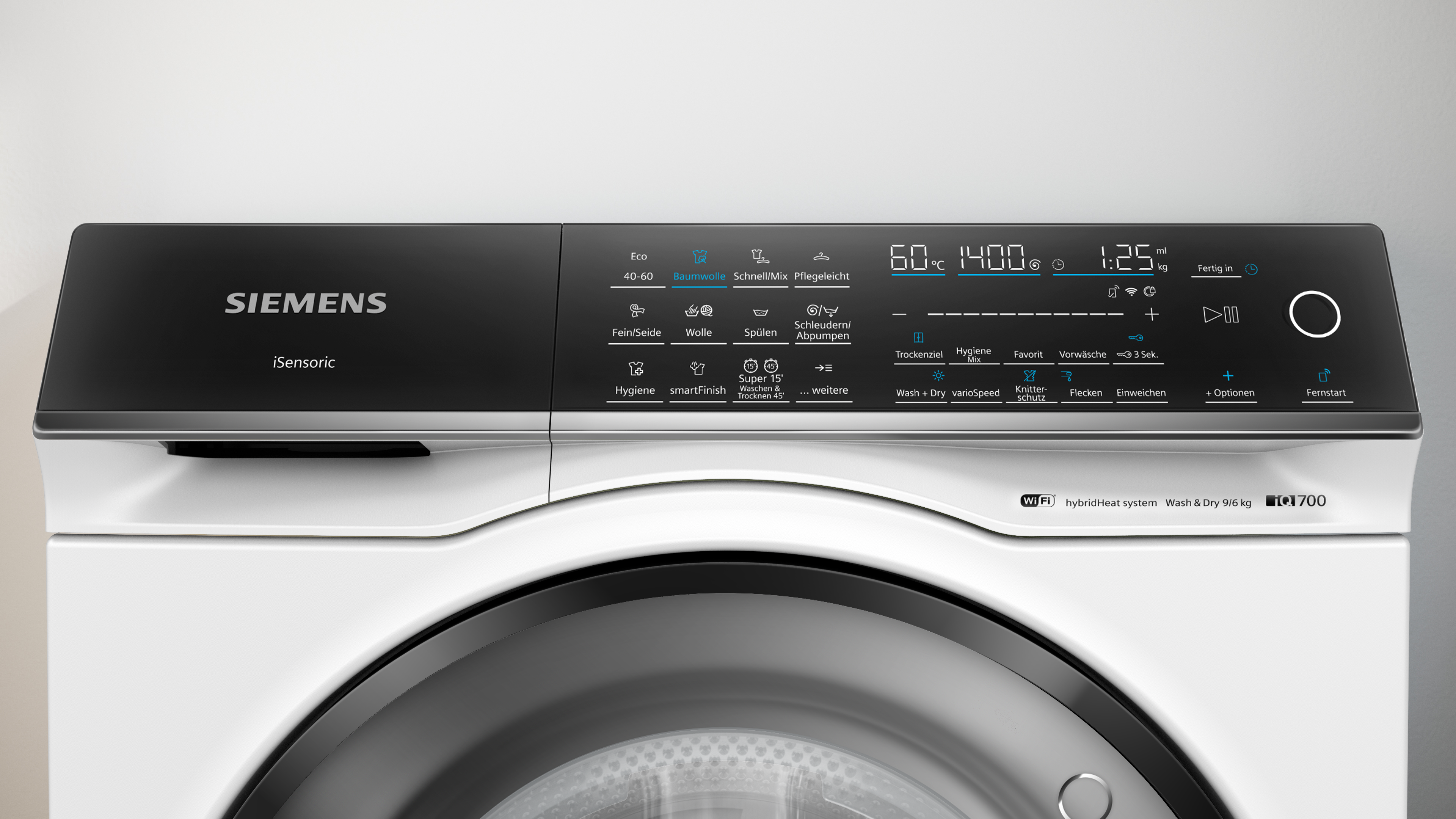 Nahaufnahme des Bedienfelds eines Siemens Trockners. Weiß und schwarz mit verschiedenen Symbolen und Display.