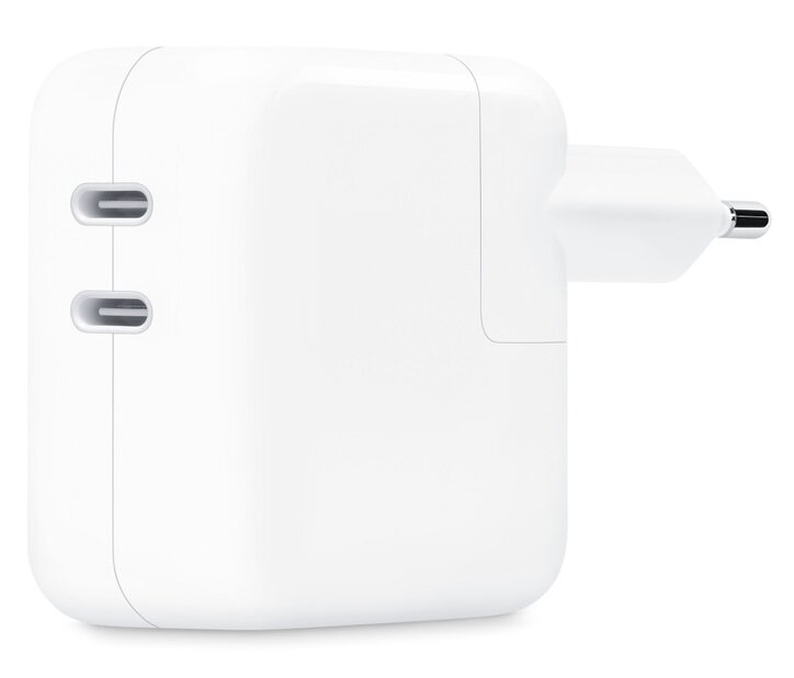 Biała ładowarka Apple z dwoma portami USB-C i wtyczką.