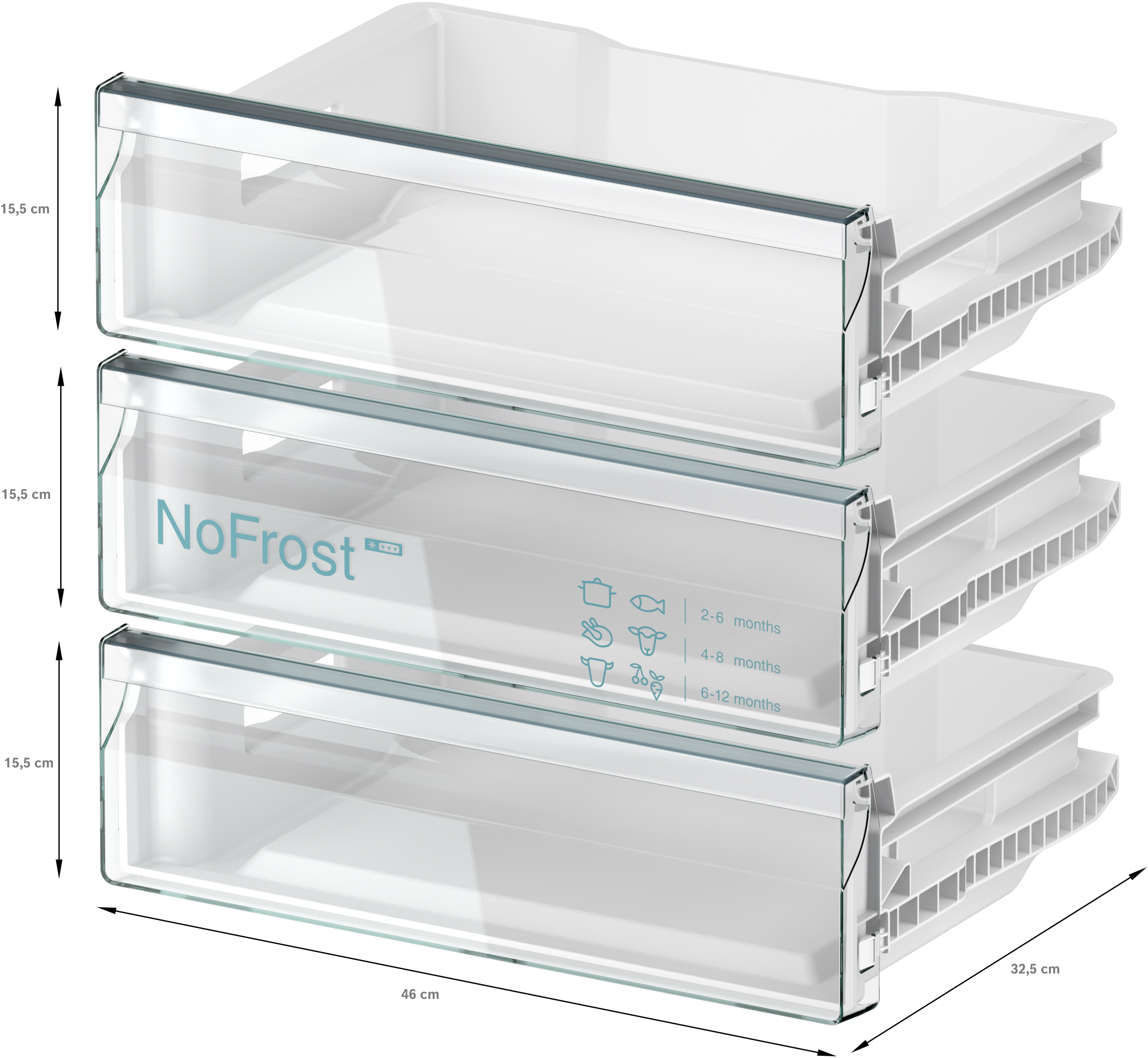 Drei transparente Kühlschubladen übereinander gestapelt, mit Beschriftungen.