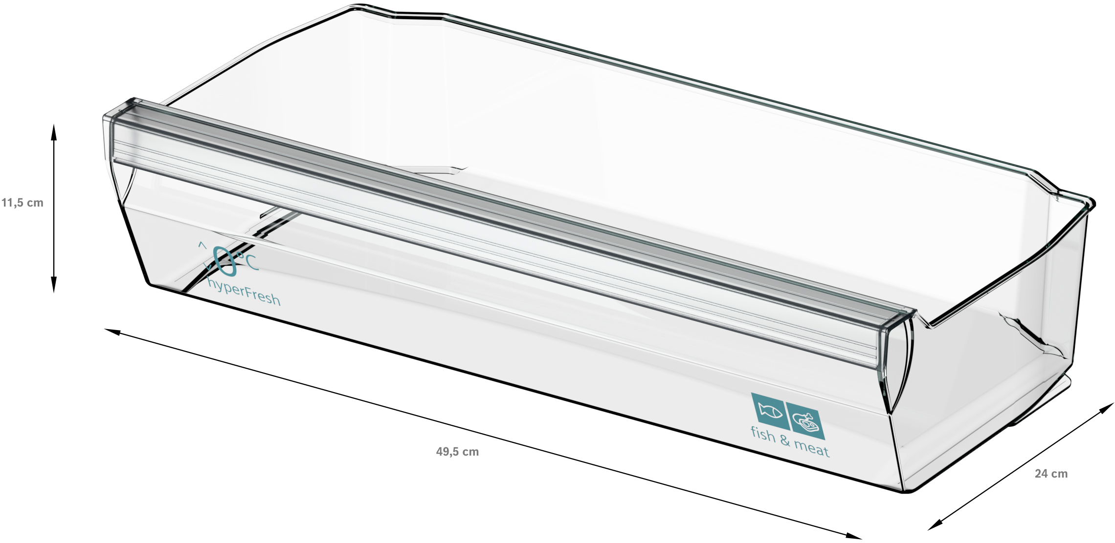 Eine transparente Kühlschublade mit in Zentimetern angegebenen Abmessungen.