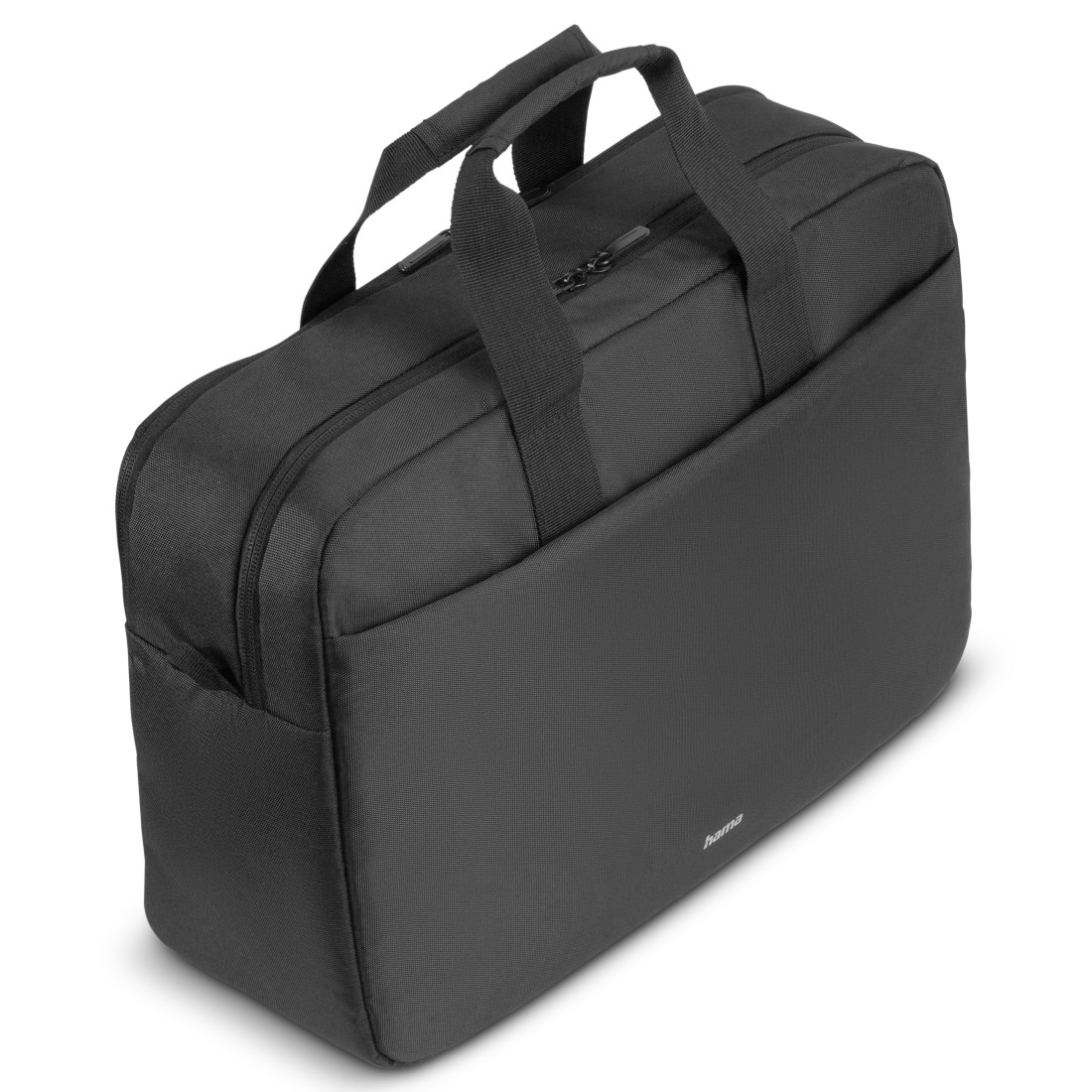 Schwarze Laptoptasche mit Griffen, Reißverschluss und Seitentasche, isoliert auf weißer Oberfläche.