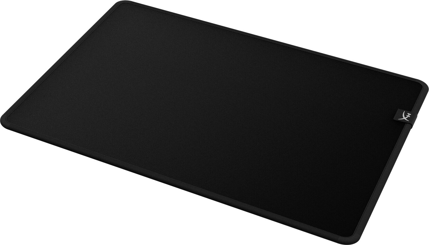 Großes schwarzes HyperX-Mauspad mit genähtem Rand, auf weißem Hintergrund. HyperX-Logo sichtbar.