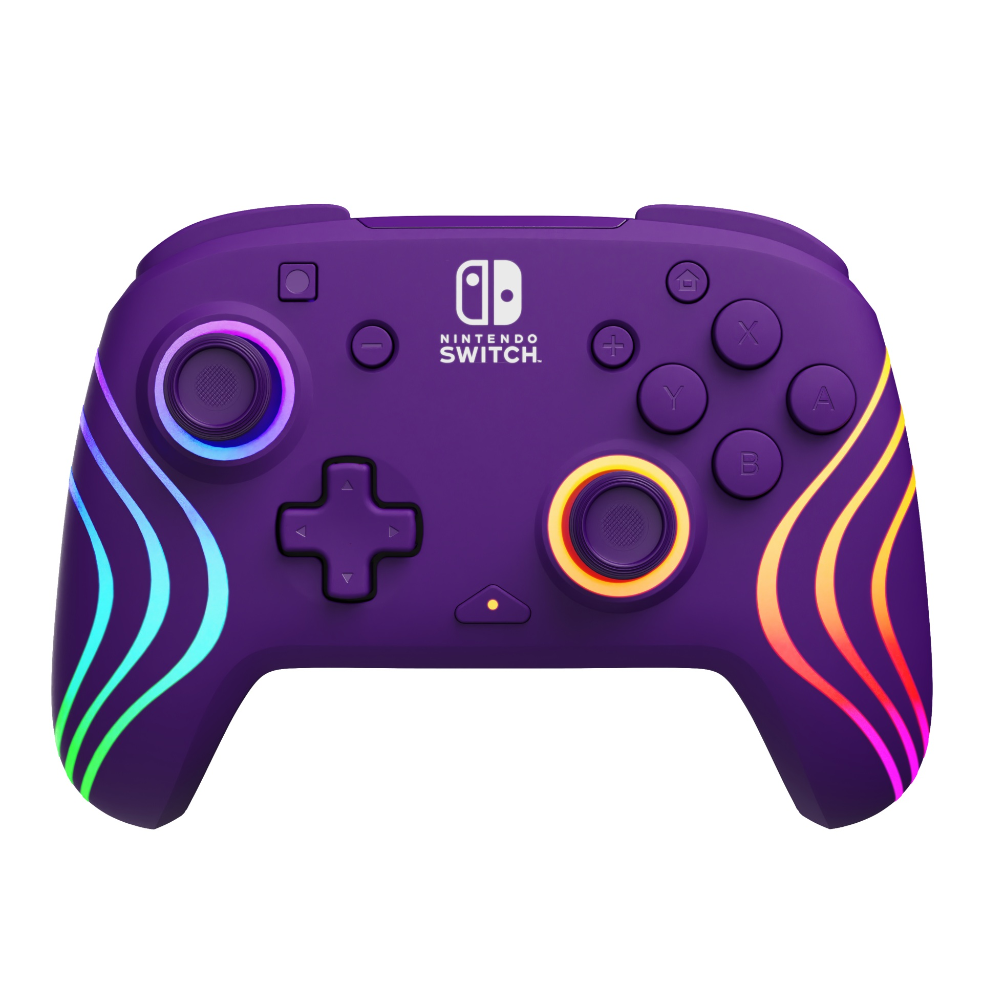 Fioletowy kontroler Nintendo Switch z kolorowymi akcentami i przyciskami. Logo Nintendo pośrodku.
