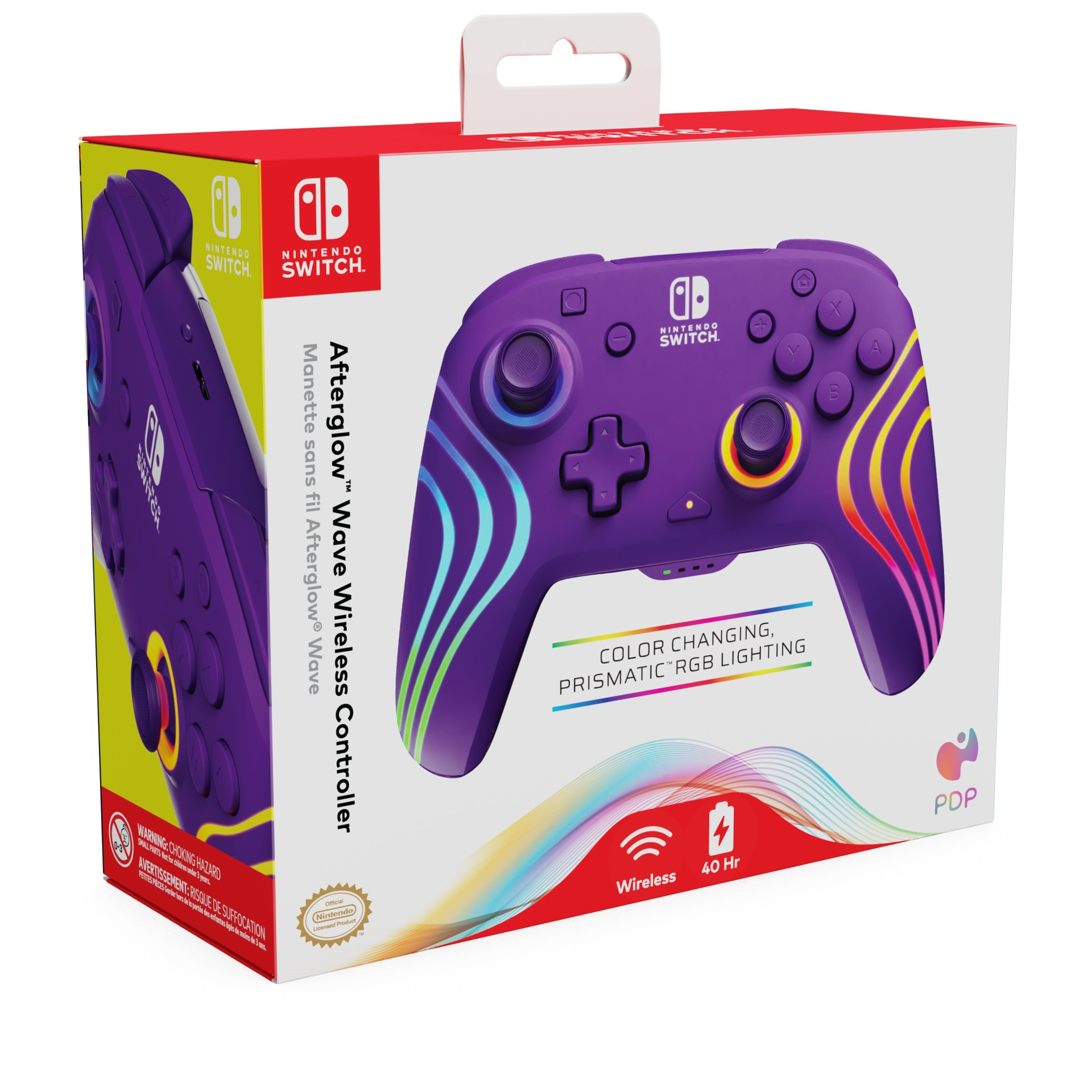 Fioletowe pudełko kontrolera Nintendo Switch z obrazem kontrolera i zmieniającymi kolor światłami.