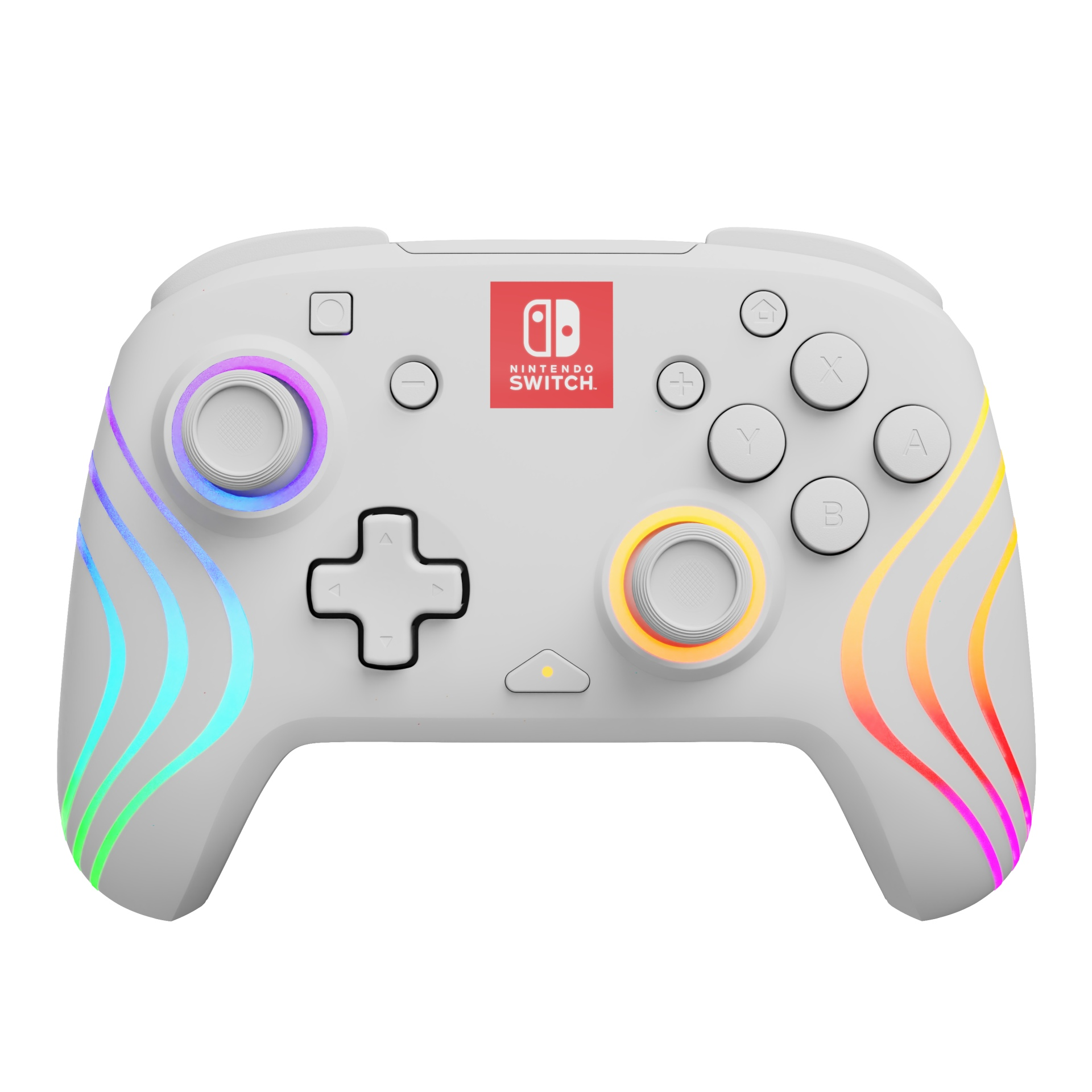 Biały kontroler Nintendo Switch. Czerwone logo Nintendo. Kolorowe światła po bokach. Białe tło.